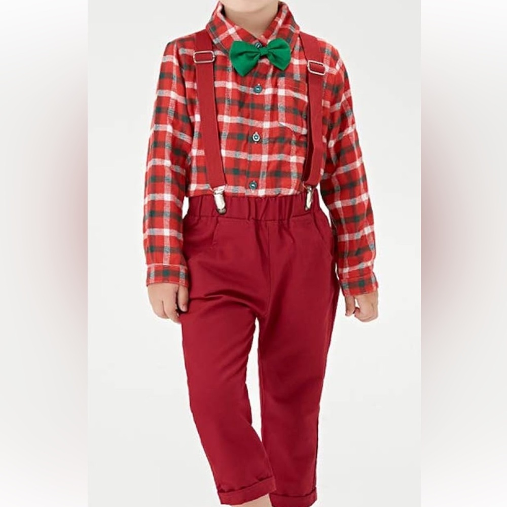 NWT Little Boys Size 6yr Matching Red Plaid Shirt and Pants Suspender Bowtie Set